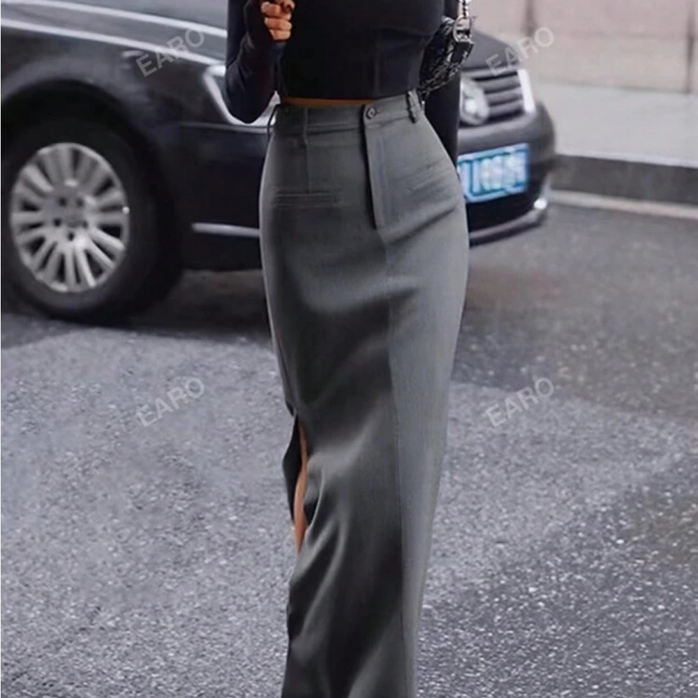 Women’s grey maxi pencil skirt with side slit office wear